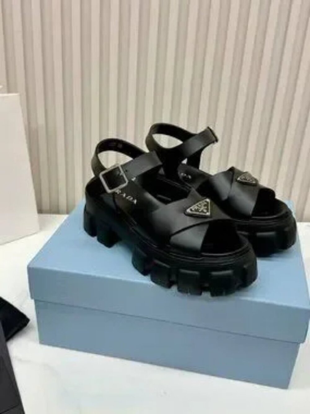 Prada Black Platform Lug Sole Ankle Strap Sandals